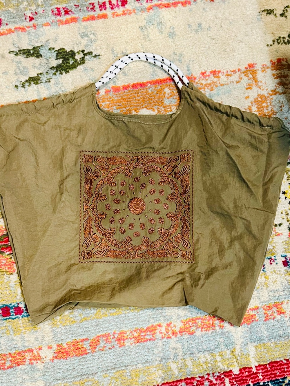 Olive Embroidered Tote Bag with Patterned Handle